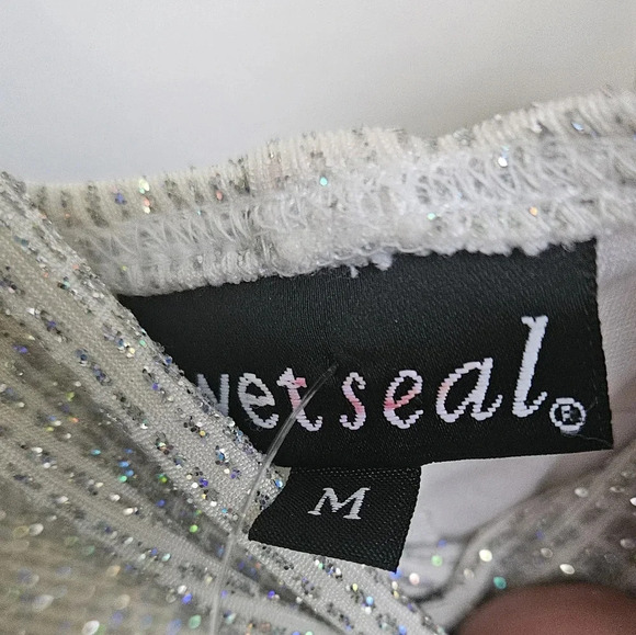 Wet Seal y2k Ivory Glitter Retro Stretchy Cowl Preppy knee length dress Sz M - Picture 6 of 11